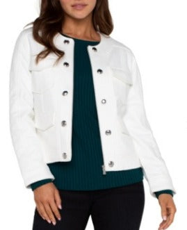 White scoop neck quilted zip jacket