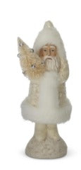 Cream Snowy Fur Trim Santa Holding Bottle Brush Tree