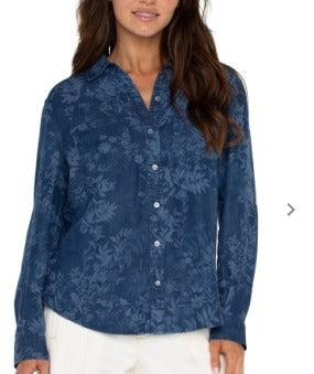 indigo floral long rolled sleeve woven shirt