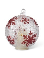 LED Ice Textured Clear Glass Red Snowflakes Ornament w/Timer