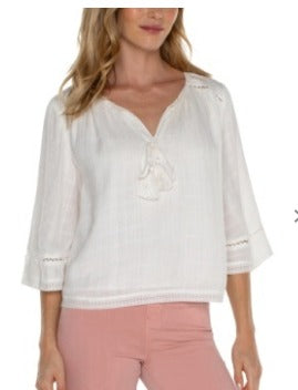 shirred woven tie front top w/ trim