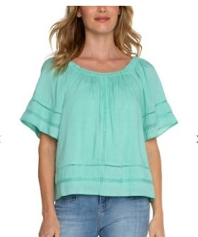 cropped bell slv woven top w/ lace trim