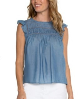 flutter slv woven top w/ trim detail