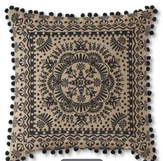 Square Black & Cream Embroidered Mandala Pillow w/Pom Pom Trim