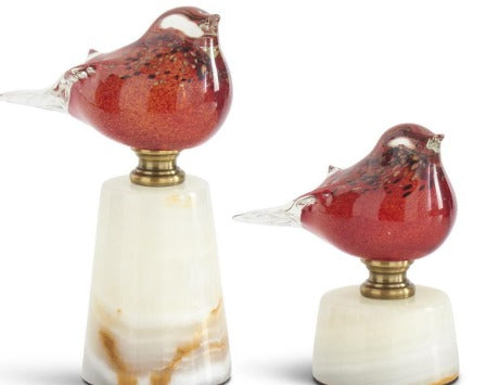 Red Glass Birds on White Marble Bases