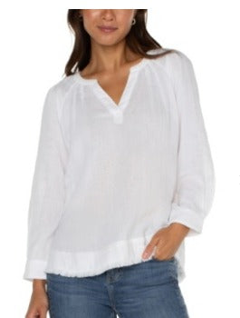 3/4 slv raglan top w/ pleats and fray hem