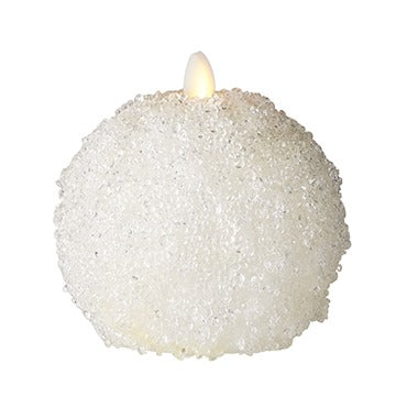 MOVING FLAME WHITE ICED SNOWBALL CANDLE