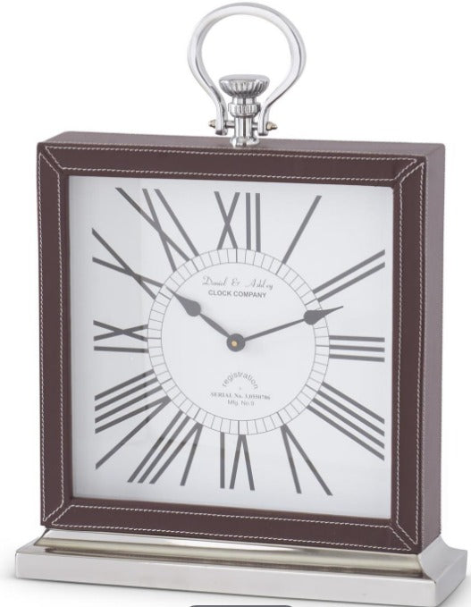 BROWN LEATHER & SILVER METAL ROMAN NUMERAL MANTEL CLOCK