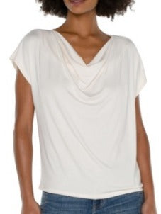 Short Sleeve Draped Cowl Neck Knit Top