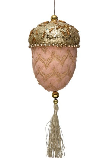 Fabric Lace Acorn Ornament w/ Gold Sequins, Beads & Tassel