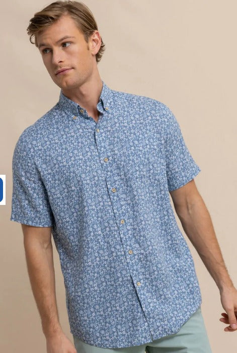 Linen Rayon Ditzy Floral Short Sleeve Sport Shirt