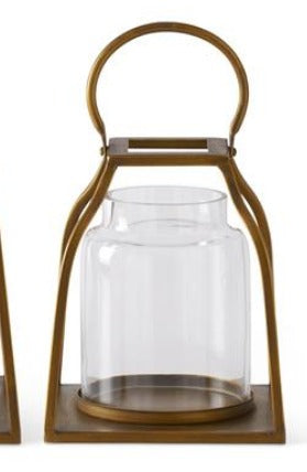 GOLD METAL TRAPEZOID LANTERN W/GLASS HURRICANE