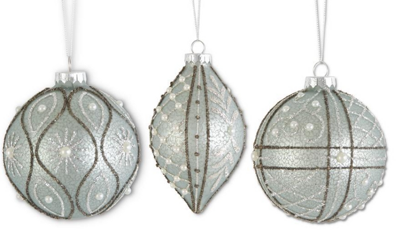 Glittered Light Blue Mercury Glass Ornaments w/Pearls