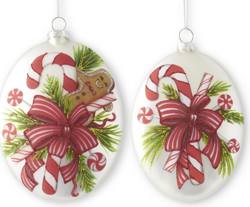 Candy Cane & Pine Cream Glass Flat Oval Orn