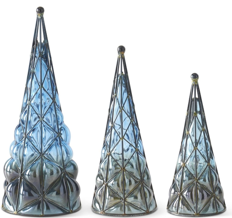 Blue Blown Glass Christmas Trees in Black Metal Frame